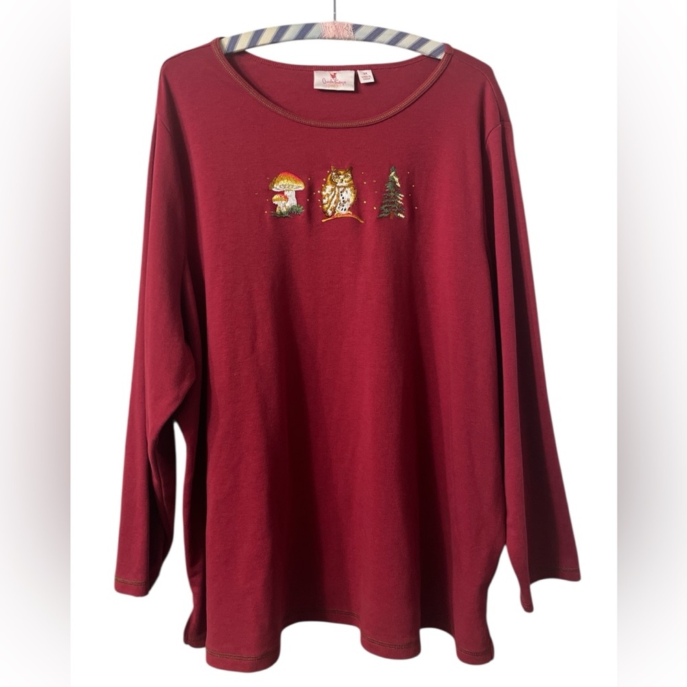 Quacker Factory Women’s Festive Red Top with Owl and Nature Embroidery Size 3X